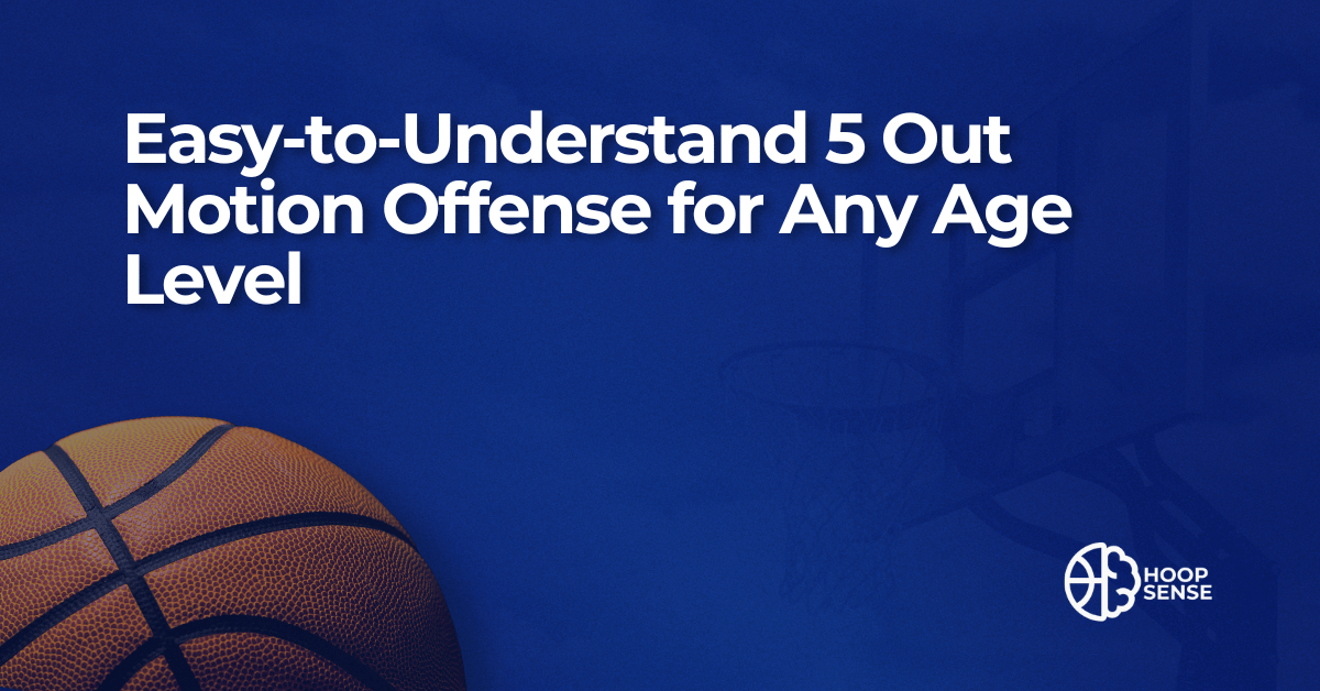 Hoopsense featured image with the title "Easy-to-Understand 5 Out Motion Offense for Any Age Level" over a blue background and basketball graphic