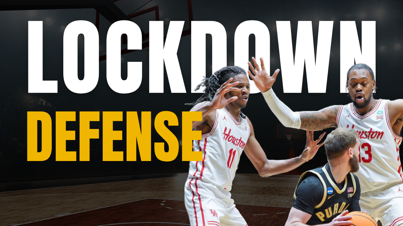 Hoopsense featured image with the title "Lockdown Defense" over a black background and basketball image of the Houston Cougars playing tough defense