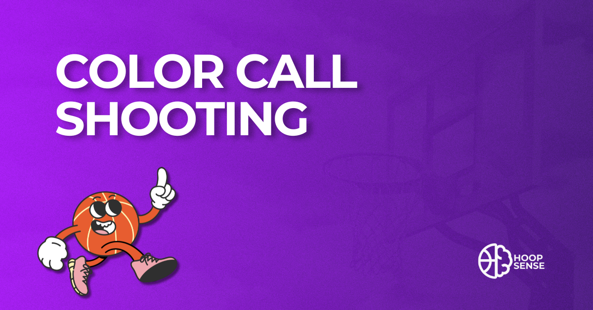 Purple background with cartoon basketball man and title of Color Call Shooting