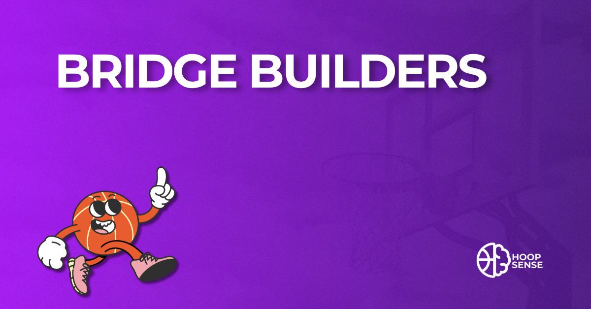 Purple background with basketball cartoon man and title of Bridge Builders