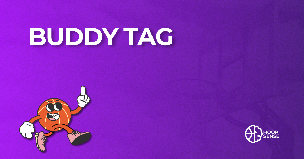 Purple background with cartoon basketball man and title of Buddy Tag