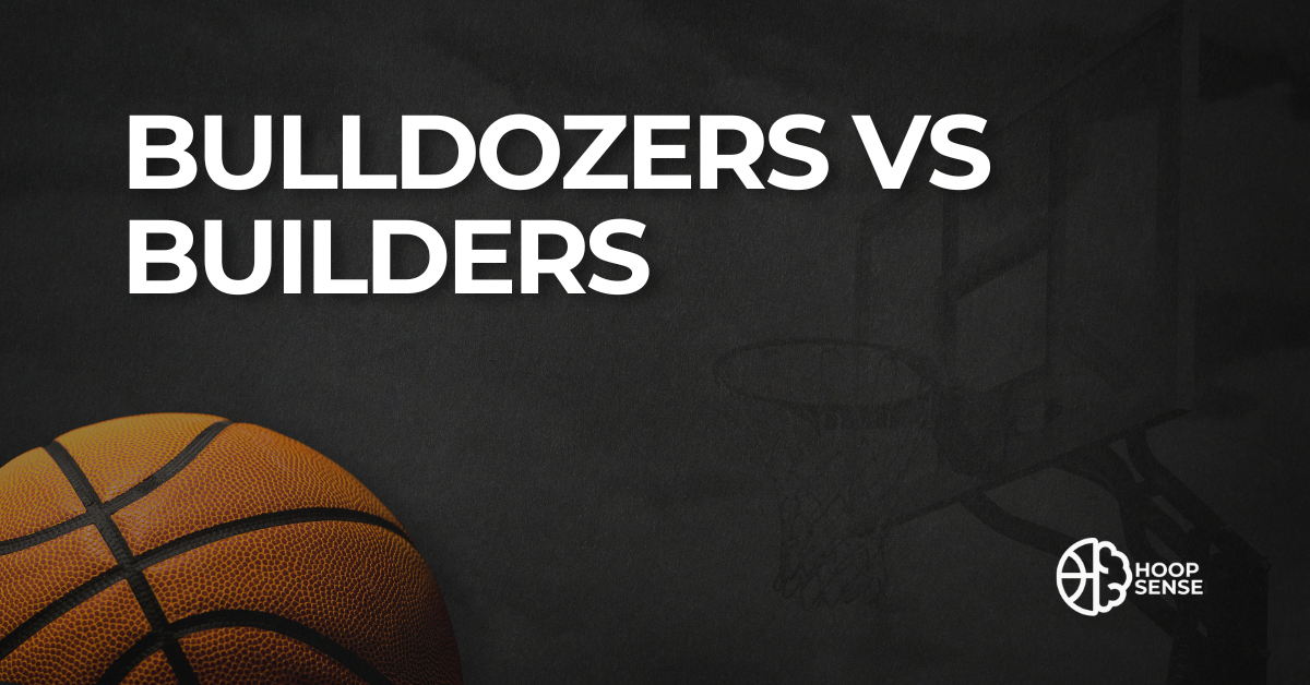 Black background with basketball and title of Bulldozers Vs Builders