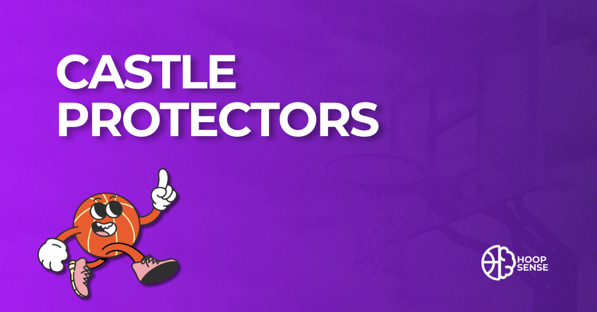 Purple background with cartoon basketball man and title of Castle Protectors
