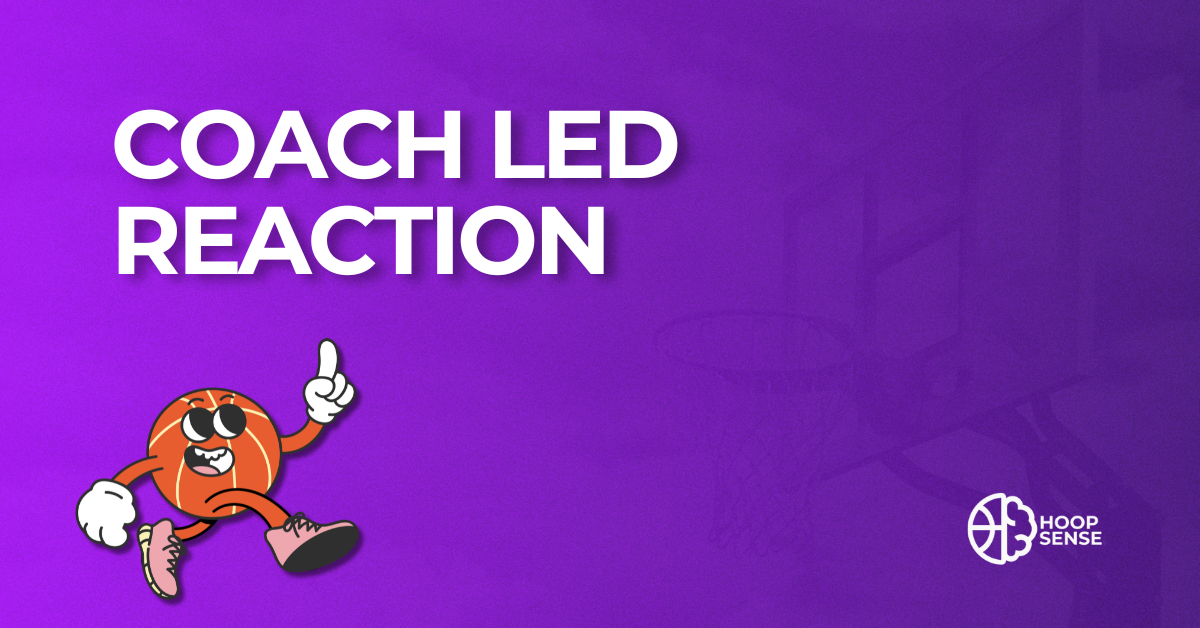 Purple background with cartoon basketball man and title of Coach Led Reaction