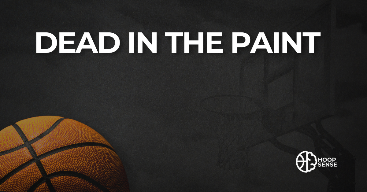 Black background with basketball and title of Dead in the Paint