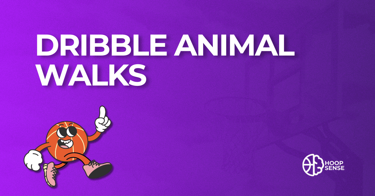 Purple background with basketball cartoon man and title of Dribble Animal Walks