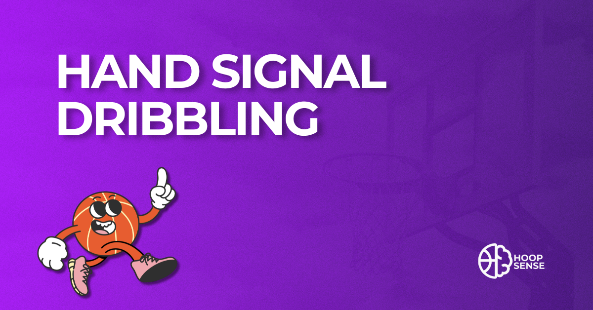 Purple background with cartoon basketball man and title of Hand Signal Dribbling