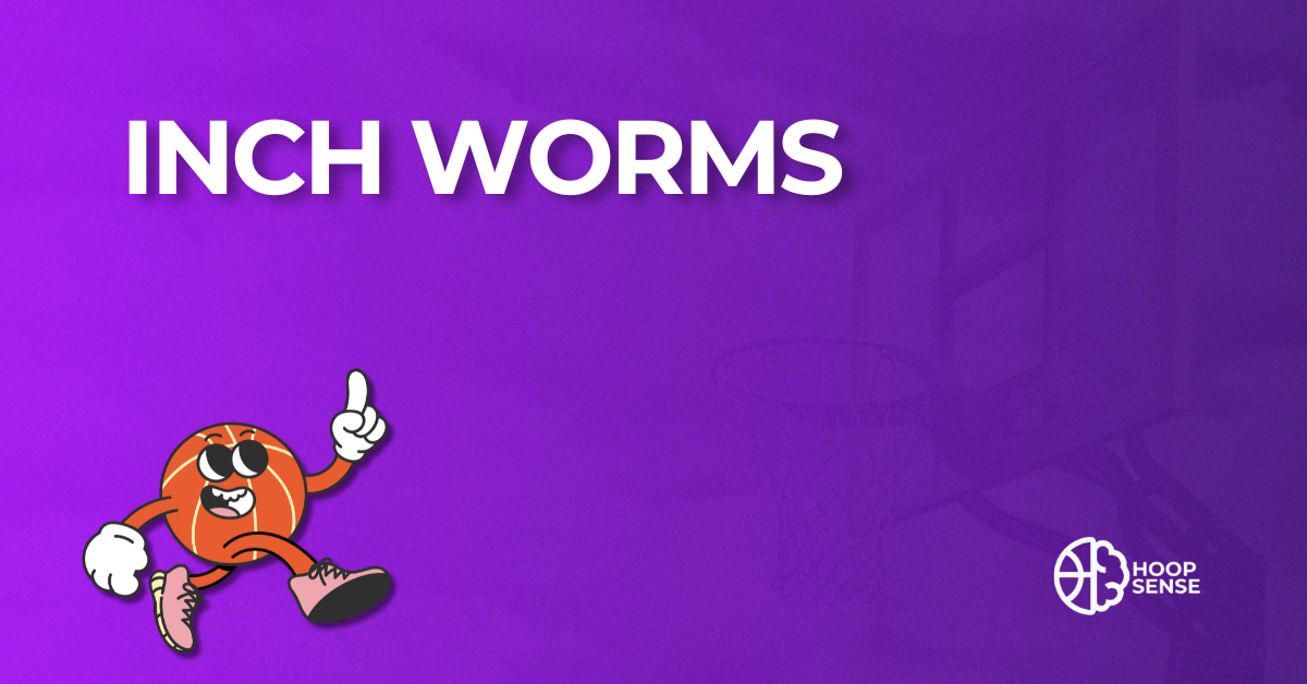 Purple background with Cartoon basketball man and title of Inch Worms