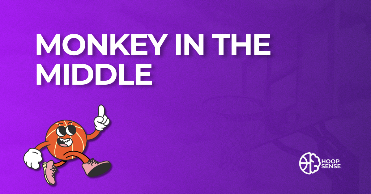 Purple background with cartoon basketball man and title of Monkey in the Middle