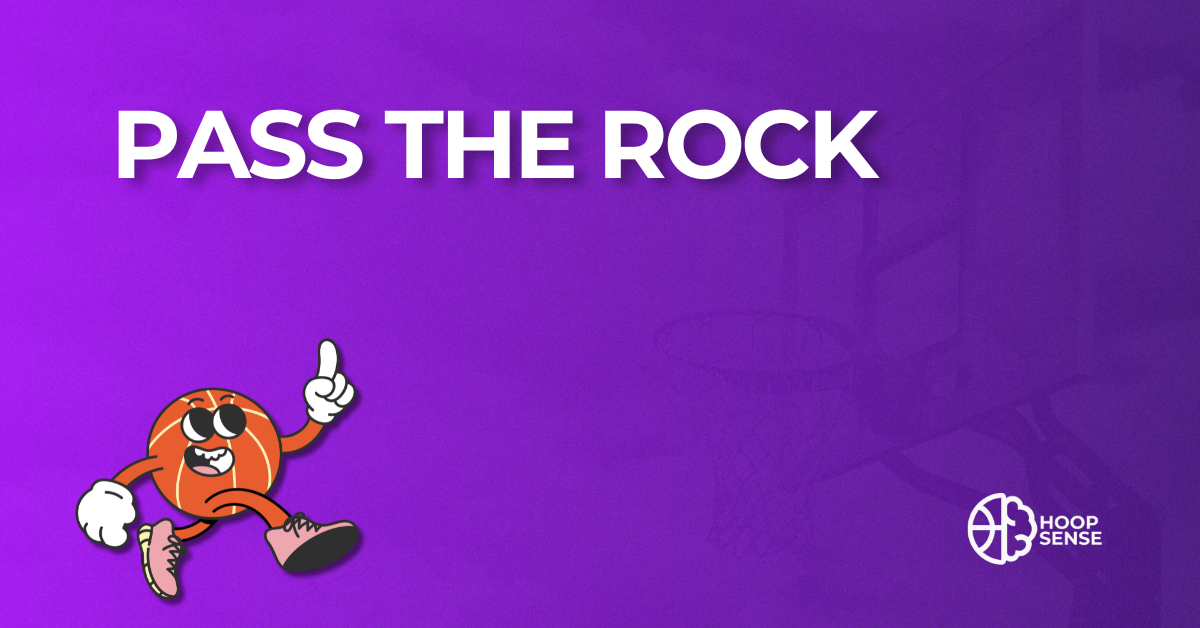 Purple background with cartoon basketball man and title of Pass the Rock