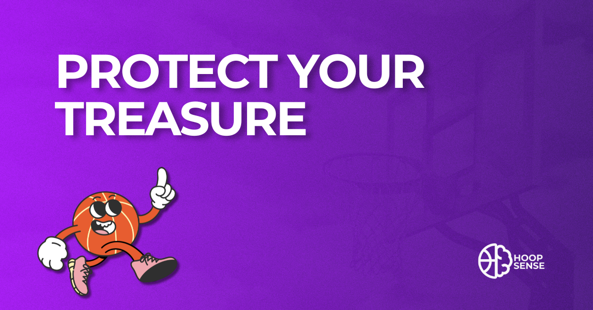 Purple Background with cartoon basketball man and title of Protect Your Treasure