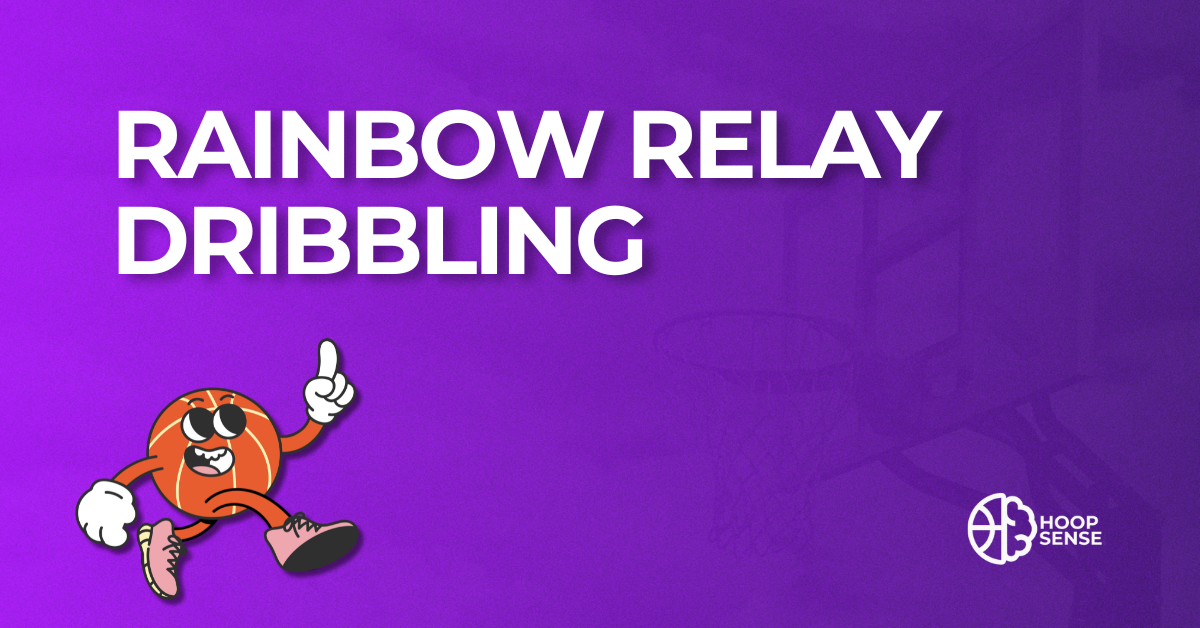 Purple background with cartoon basketball man and title of Rainbow Relay Dribbling