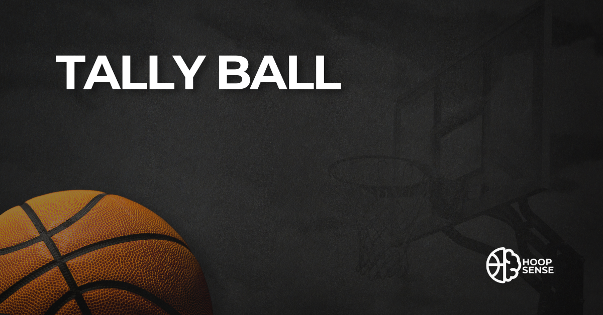 Black background with basketball and title of Tally Ball