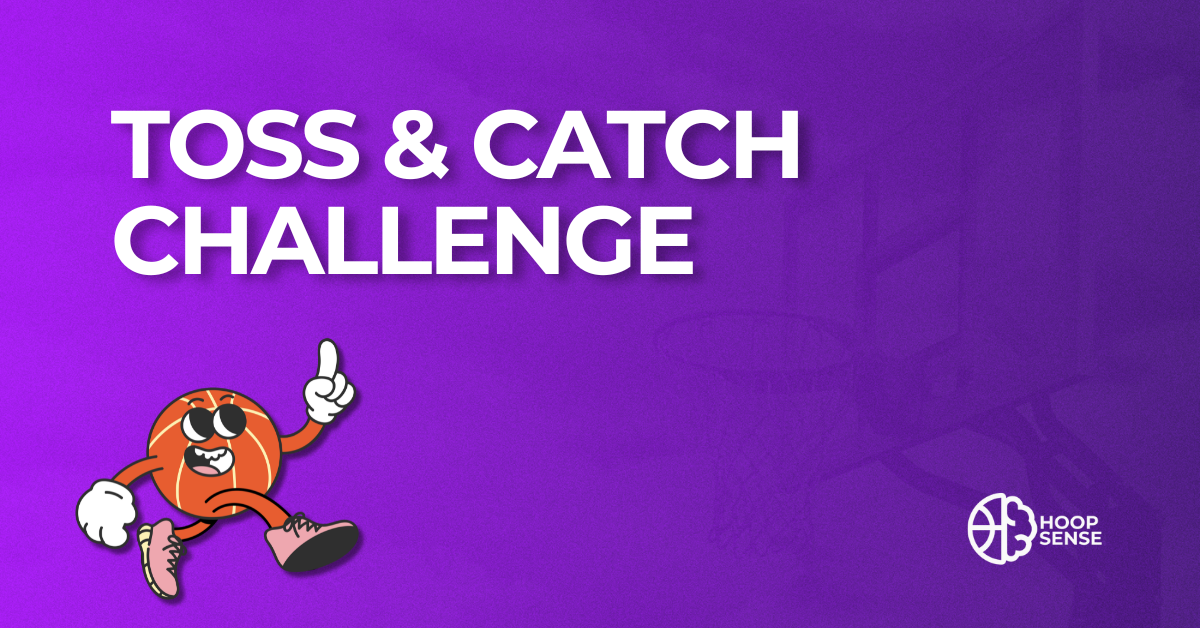 Purple background with cartoon basketball man and title of Toss & Catch Challenge