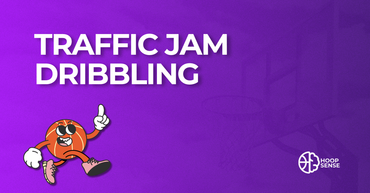 Purple background with cartoon basketball man and title of Traffic Jam Dribbling